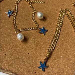Gold Starfish and Pearl Bracelet & Necklace Set